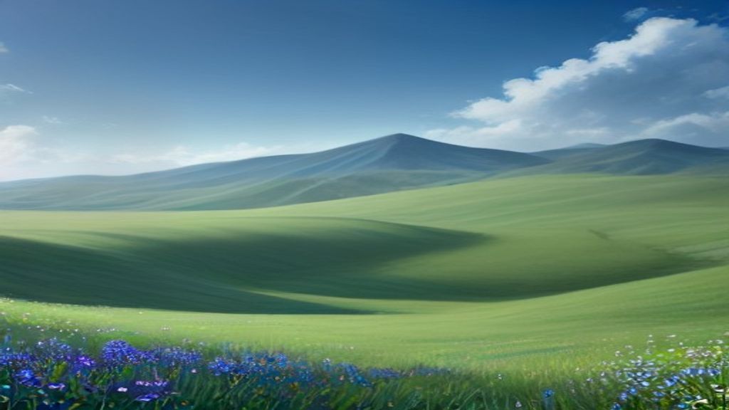 Sunlit green hills beneath a blue sky